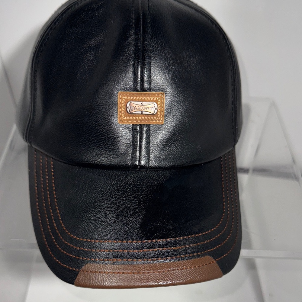 Black Leather Cap with Brown Accents